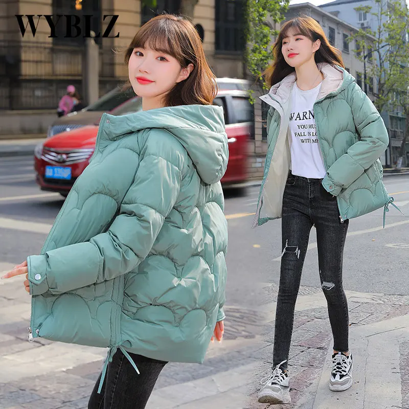 WYBLZ Winter Thicken Womens Parka Outwear Cotton Warm Hooded Padded Coats Female Oversized Short Loose Jacket Korean Style 2021