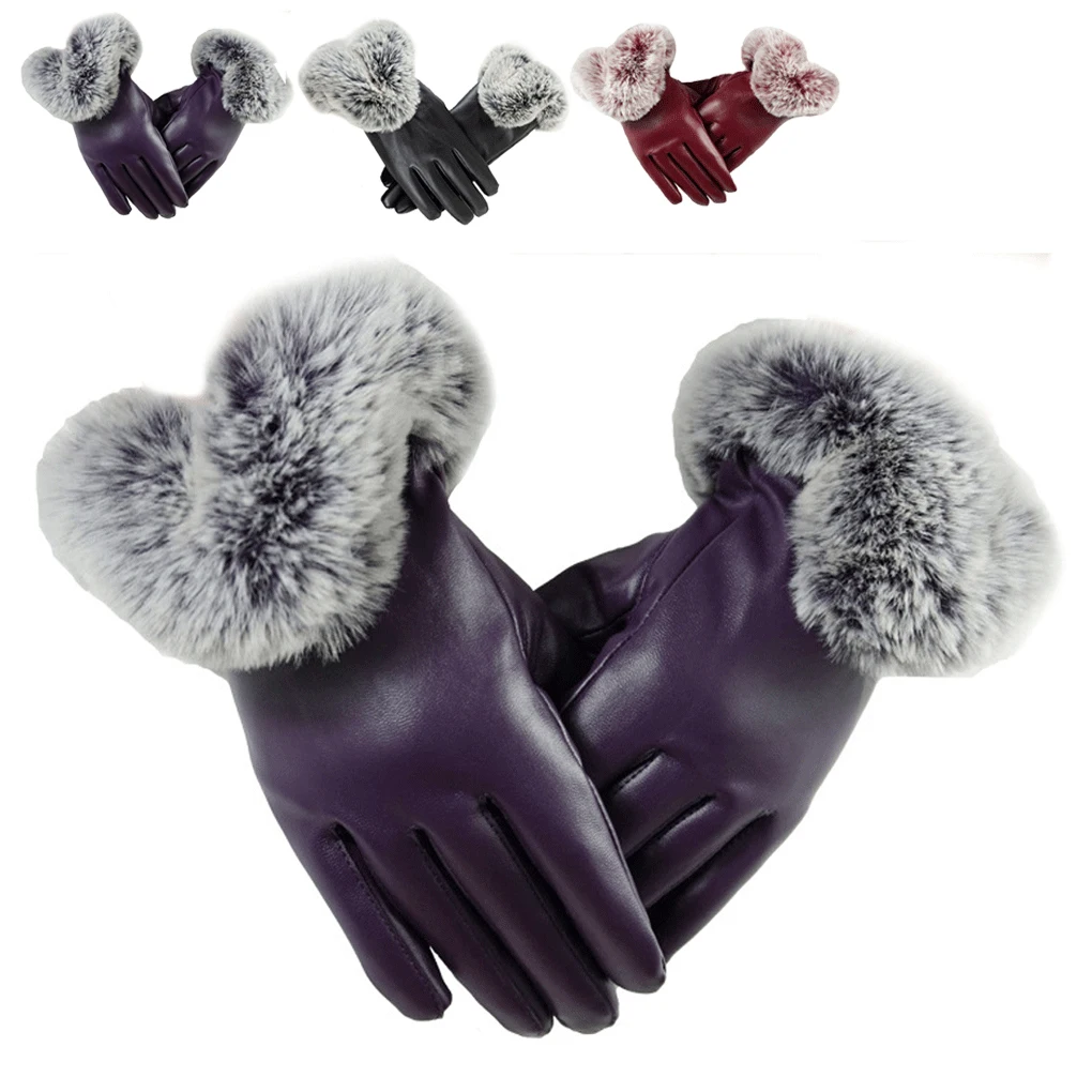 

Женские перчатки из искусственной кожи, женские черные кожаные перчатки, осенне-зимние теплые варежки из кроличьего меха