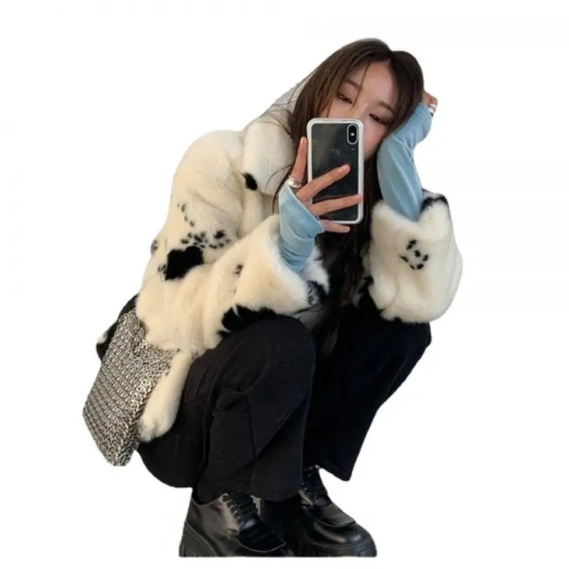 Korean Small Cow Pattern Imitation Mink Fur Coat Female Short Thick Black and White Spotted Plush Padded Fur Coat 2022