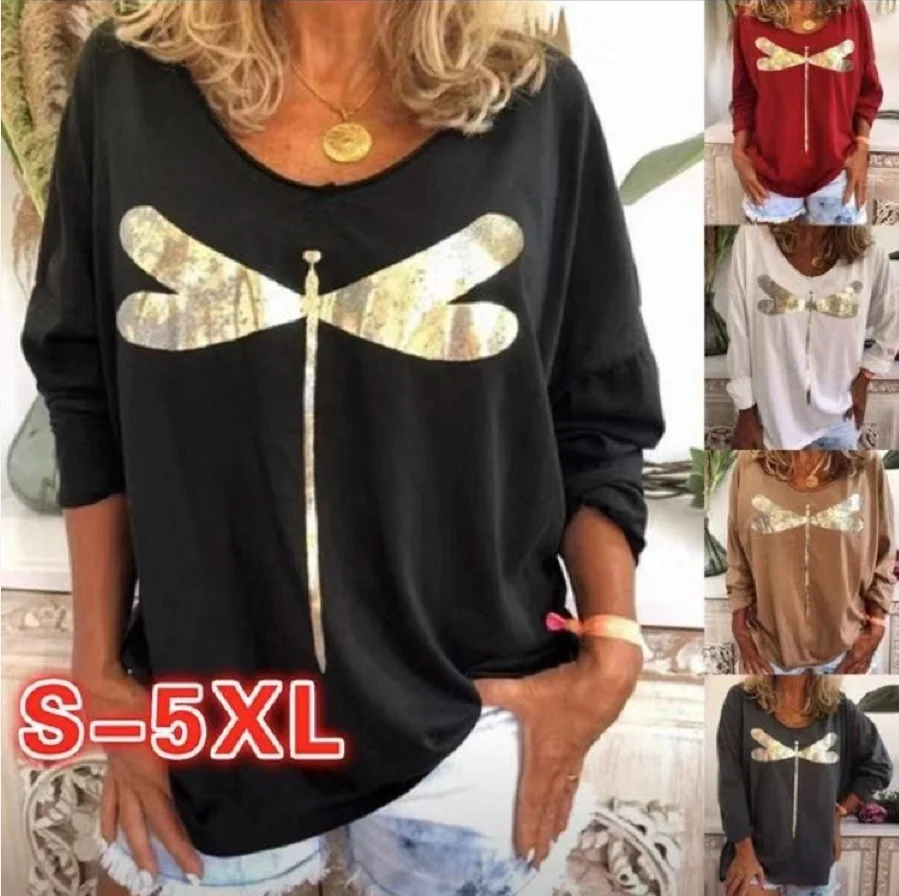 

2020 Leisure Fashion Dragonfly Print Round Neck Long Sleeve Sweater Women 2189