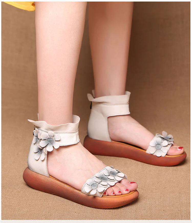 

National Style Women Shoes Summer Genuine Leather Flats Heel Casual Shoes High Top Flower Sandals
