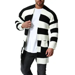Модный мужской кардиган, свитер, верхняя одежда, черный, белый, в полоску, с карманами, длинный мужской вязаный свитер, осенне-зимняя одежда, большие размеры