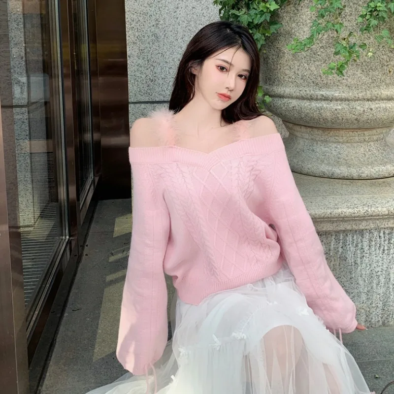 Женский свитер оверсайз с открытыми плечами свободного покроя | Женская одежда