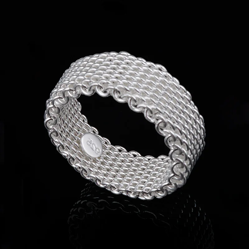 Женское и мужское кольцо из сетчатой ткани серебристое обручальное шириной 9 мм в