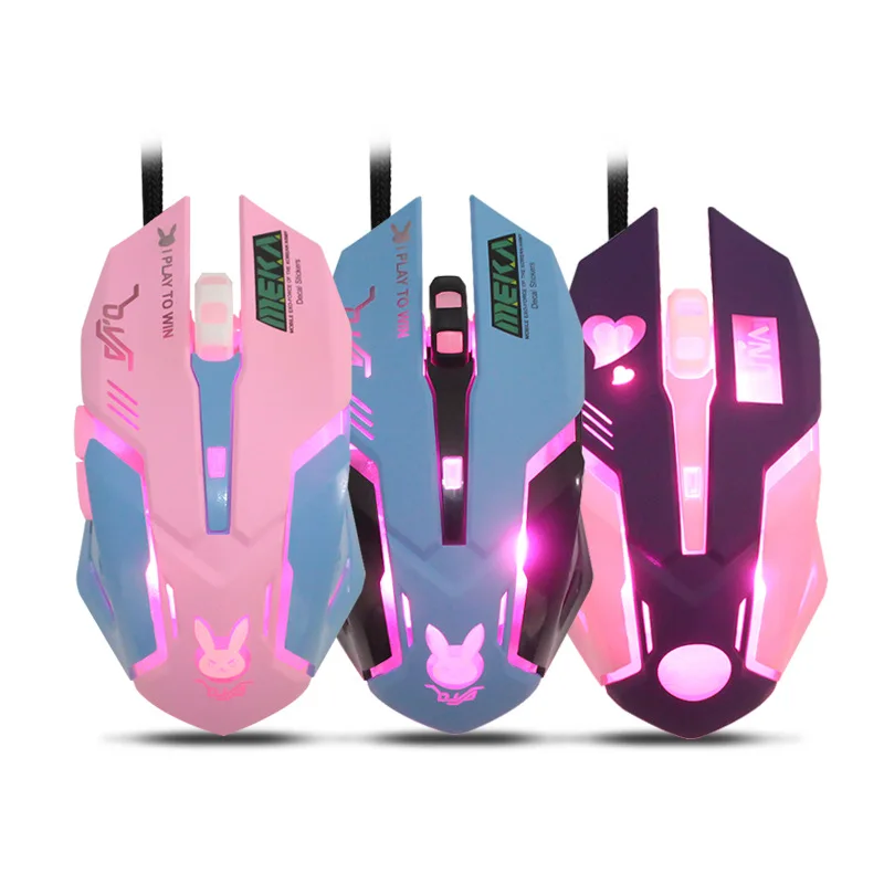 3200dpi pink game office mouse girls light emitting competition cute wired gamer gaming mouse for pc laptop slience and sound free global shipping