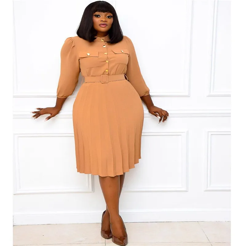 

Women Long Sleeve Pleated Dresses with Pockets Waist Belt A Line Button Up Female Fashion Autumn Vestidos Black Khaki Plus Size