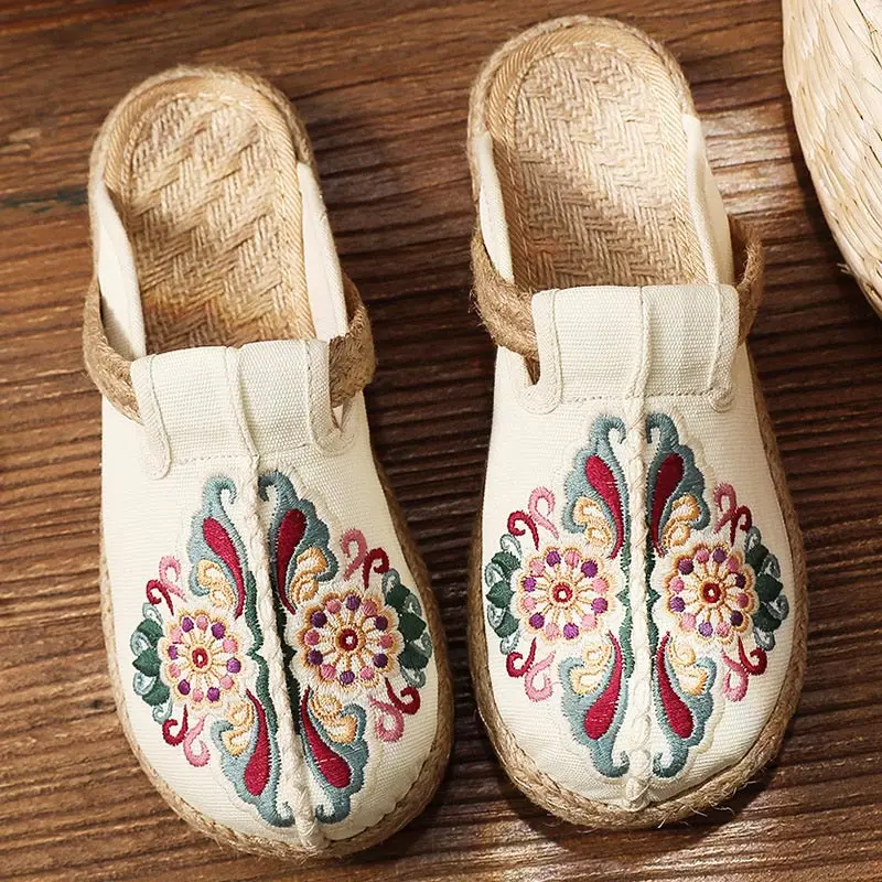 

Woman Shoes Flats Embroidered Weave Canvas Antiquity Women's Slippers Casual Mixed Colors Cover Toe Female Footwear 2021 New