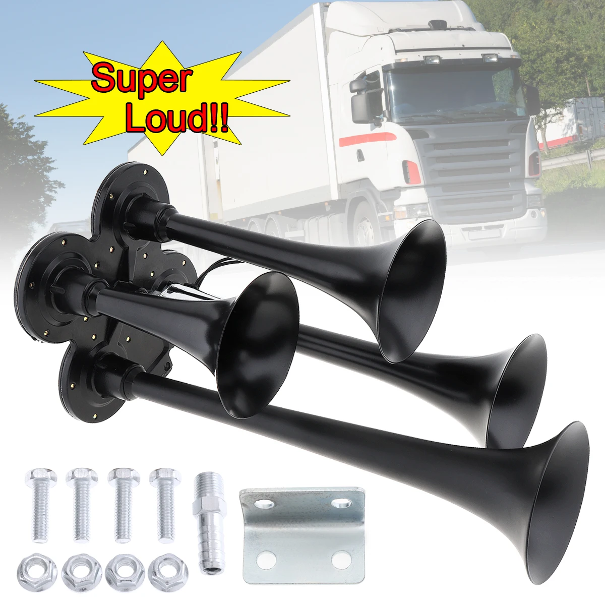 

12V 178dB Super Loud Black Four Trumpet Electronically Controlled Car Air Horn for Cars Trucks Boats Vehicles Motorcycles