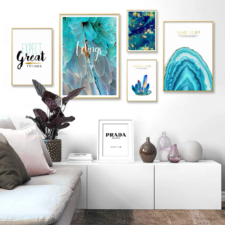 Картина с пером современная абстрактная настенная на холсте скандинавский Синий