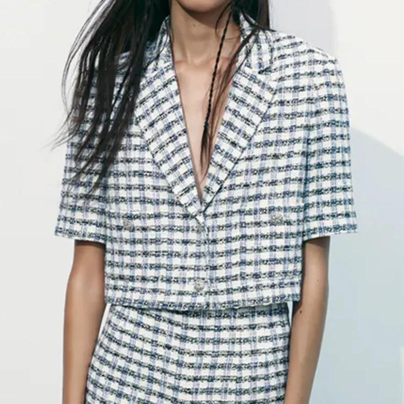 

Women Summer Casual Plaid Blazers Coats 2021 ZA Short Sleeve Notched Veins Female Sweet Street Blazer Outerwear Clothing
