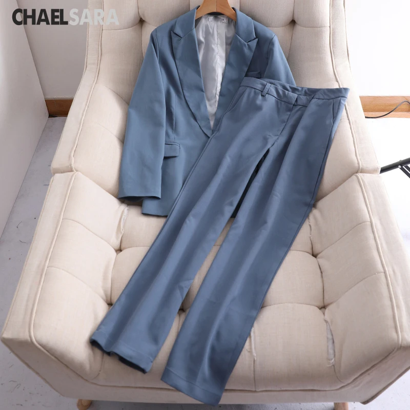 Женский офисный пиджак на одной пуговице + брюки молнии синий розовый комплект из