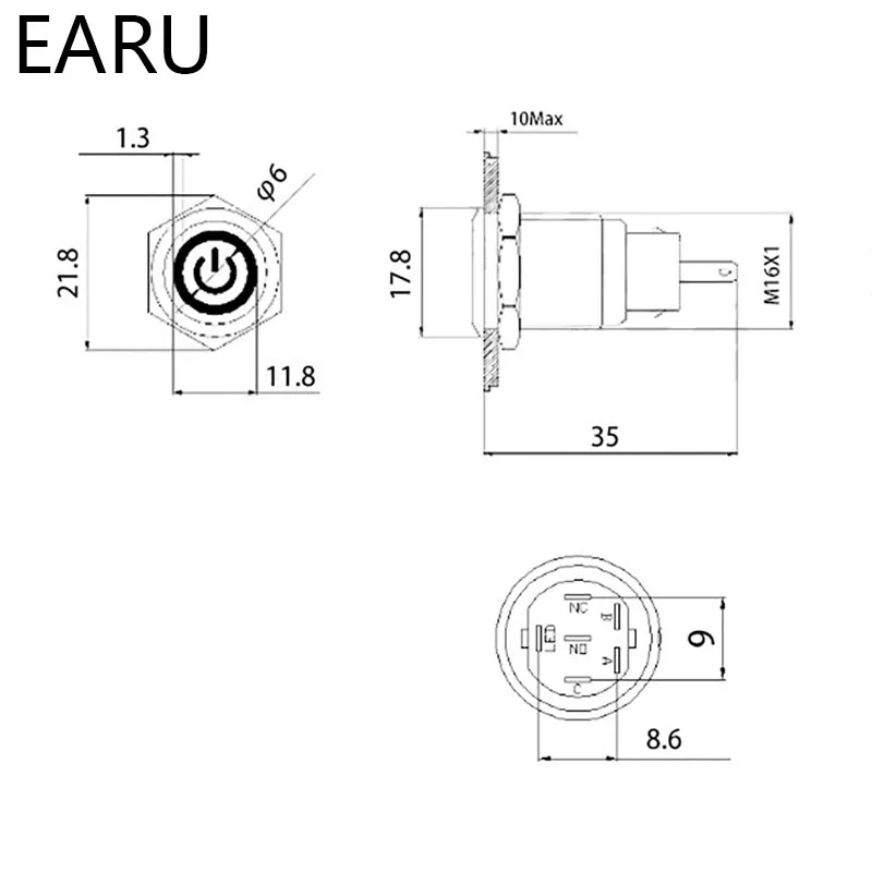 Водонепроницаемый металлический кнопочный переключатель 16 мм светодиодная