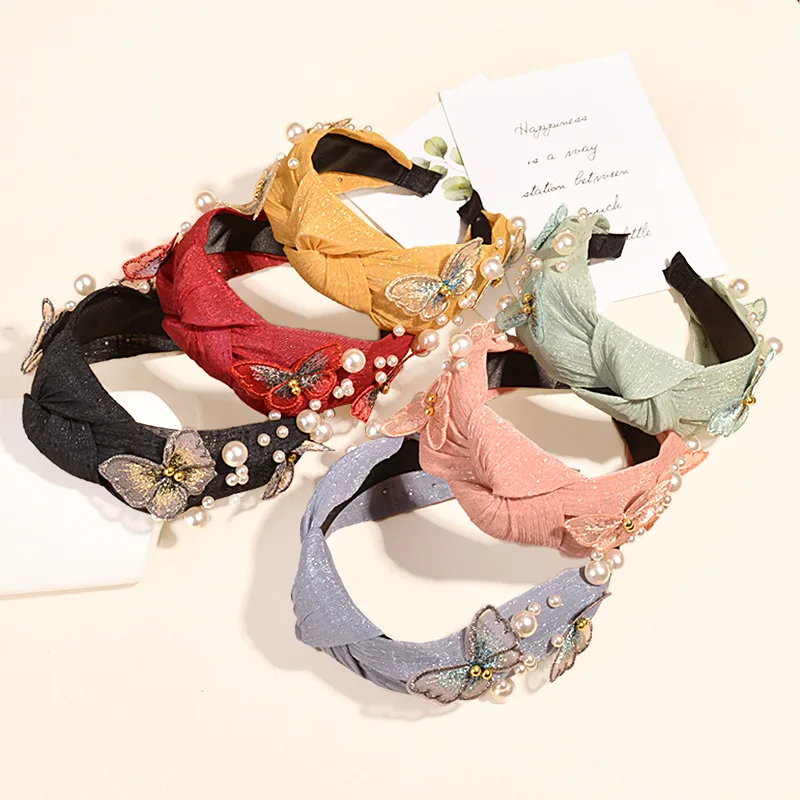 

Fashion Butterfly Pearl Head Hoop For Women Girls Butterfly Big Small Pearls Headbands Hair Hoop Cross Knot Wide Hairband