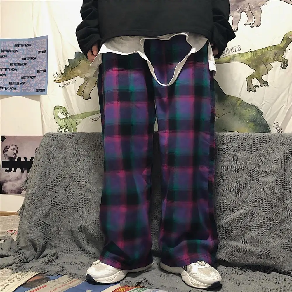 

New women's retro street couple plaid straight loose wide-leg pants