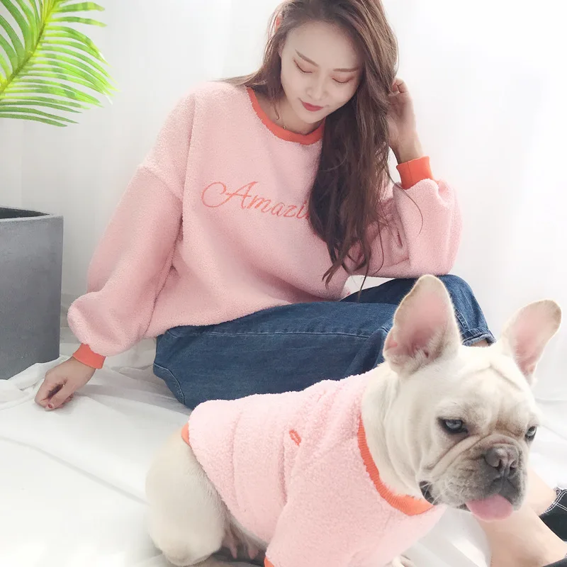 pink Теплая толстовка с капюшоном для собак; одежда для всей семьи; плюшевый толстый худи для щенка; очень мягкий однотонный цвет для щенка; Бульдог-Мопс; Прямая поставка - Цвет: pink