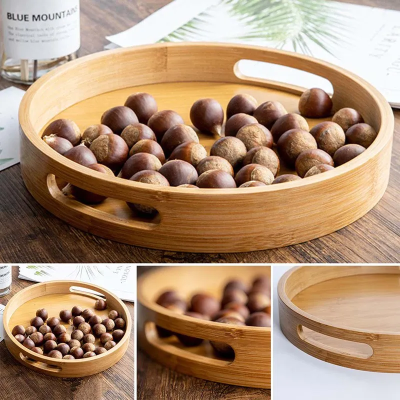 

Wooden Round Serving Tray Wood Plate Tea Food Dishe Drink Platter Food Plate Dinner Beef Steak Fruit Snack Tray