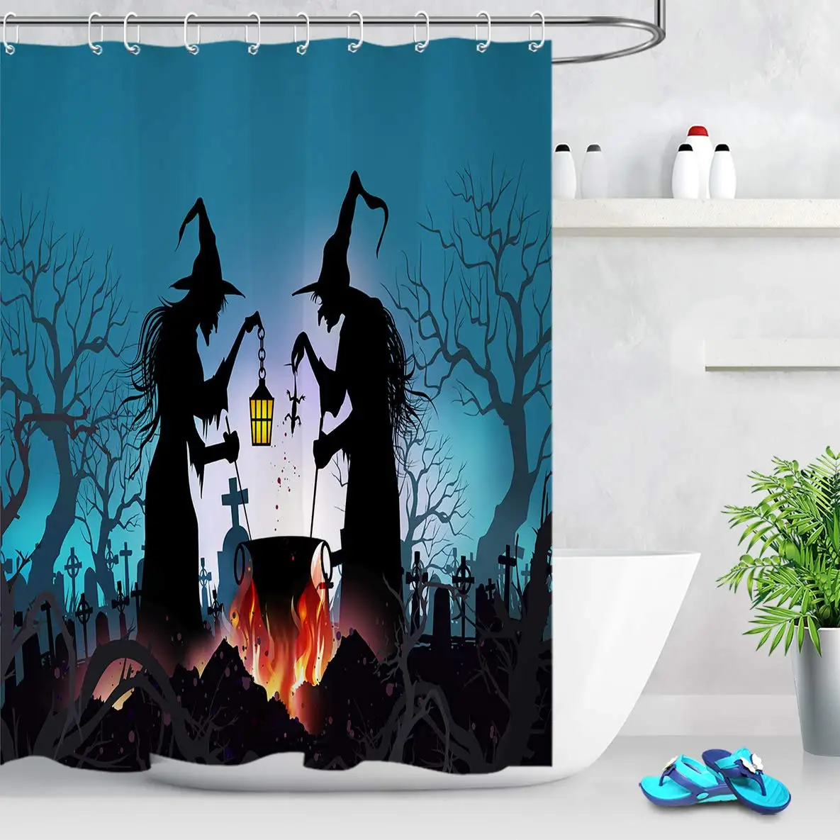 Scary Witch in Graveyard Shower Curtain Spooky Halloween Night Decor | Дом и сад
