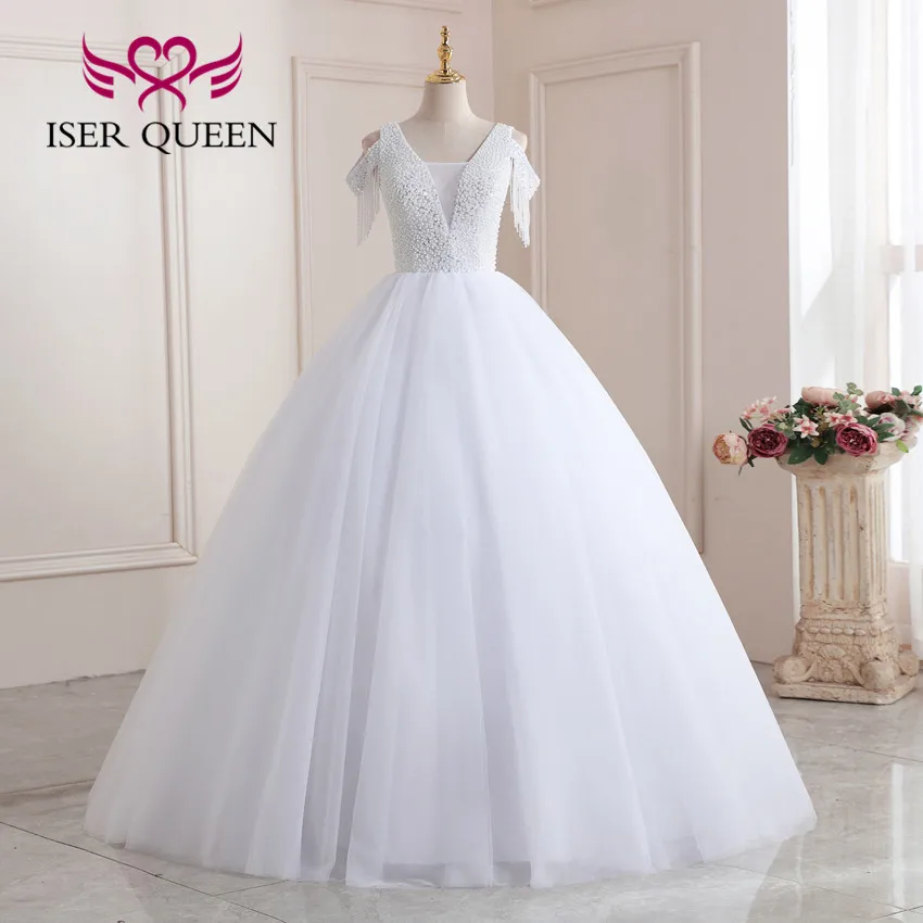 

Heavy Small Pearls Beading Top White Wedding Dress Special Cap Sleeve Tassel Tulle Wedding Gown V neck Bride Dresses WX0204