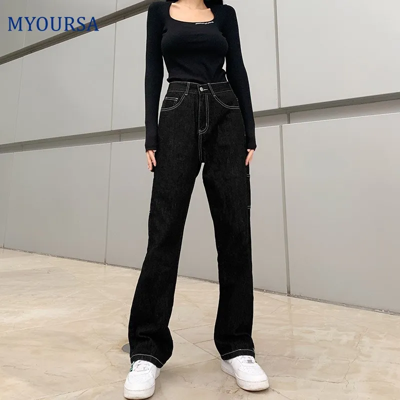 

Black Straight Jeans Women High Waist Baggy Denim Trousers Seam Visible Cargo Pants Loose Fit Boyfriend Bottoms Streetwear 2021