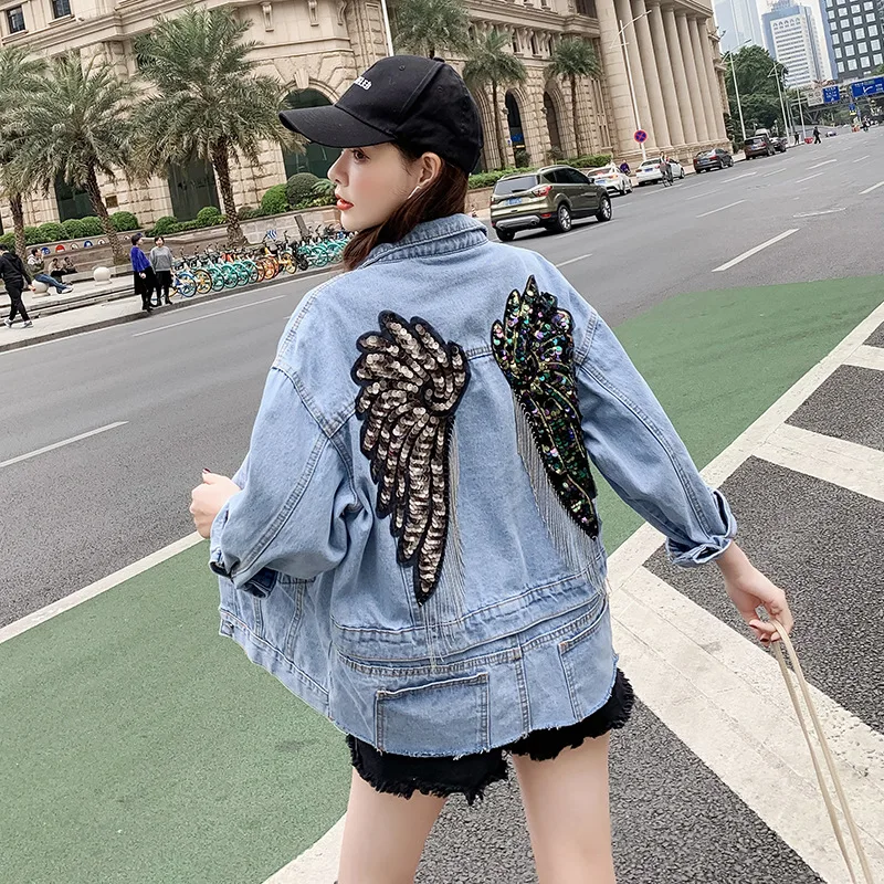 

Chic Embroidered Sequins Butterfly Tassel Denim Jacket 2021 Spring New Pocket Button Long Sleeve Jeans Coats Loose Casual Tops