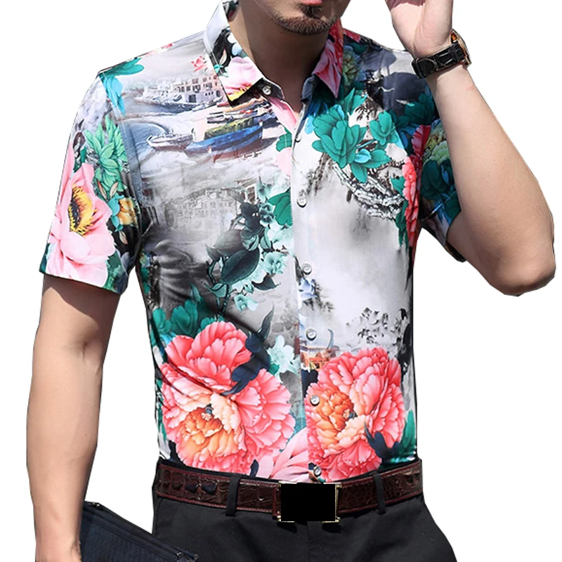 Мужская приталенная рубашка с коротким рукавом модная Повседневная цветочным