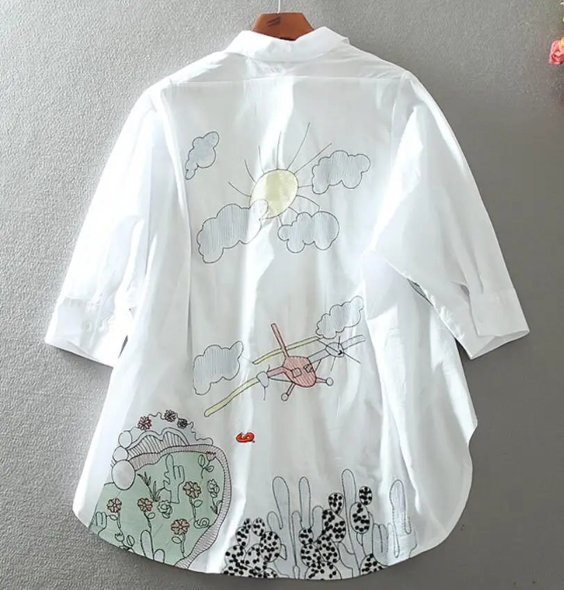 Женская блузка из хлопка и льна рубашка с принтом рукавом три четверти весна лето