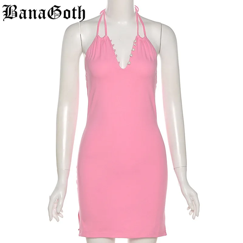 

Lolita Kawaii Bodycon Dress 2021 Fashion Summer Sexy Neckline Pearl Button Decoration Halter Short Skirt High Waist Dress Women