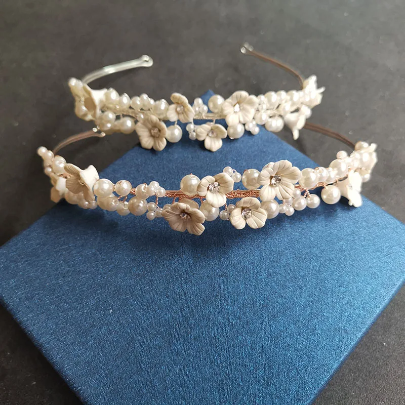 

SLBRIDAL Handmade Luxury Crystal Rhinestones Pearls Ceram Flower Bridal Tiara Wedding Bridesmaids Party Crown Women Hair Jewelry