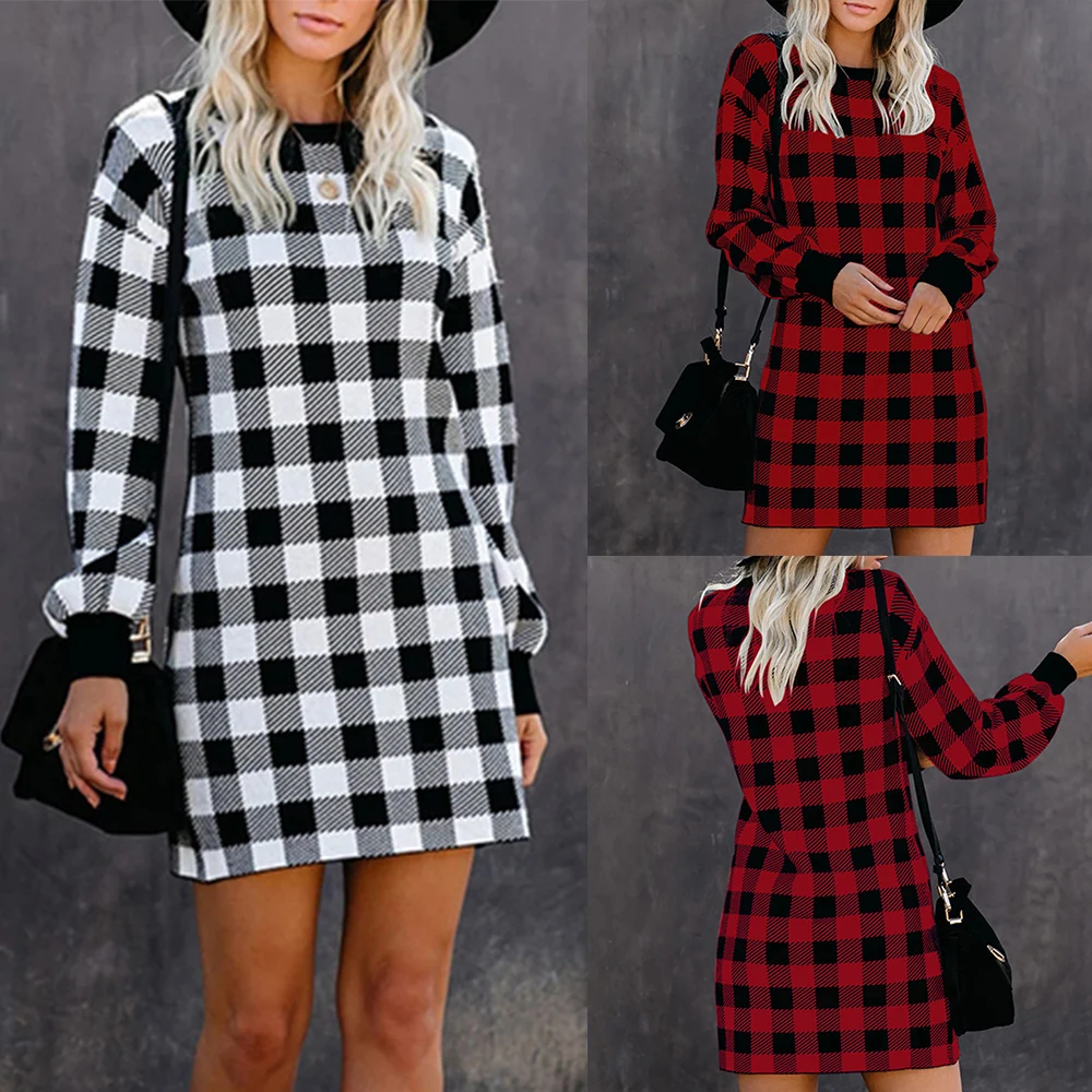 Распродажа женское клетчатое платье с длинным рукавом и круглым вырезом