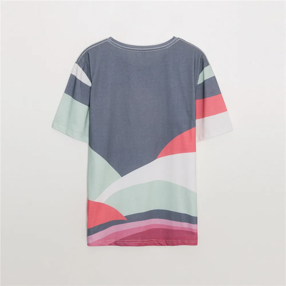 

2021 Spring Summer Women's T-shirt Geometric Print O-neck Short Sleeve Casual Tops