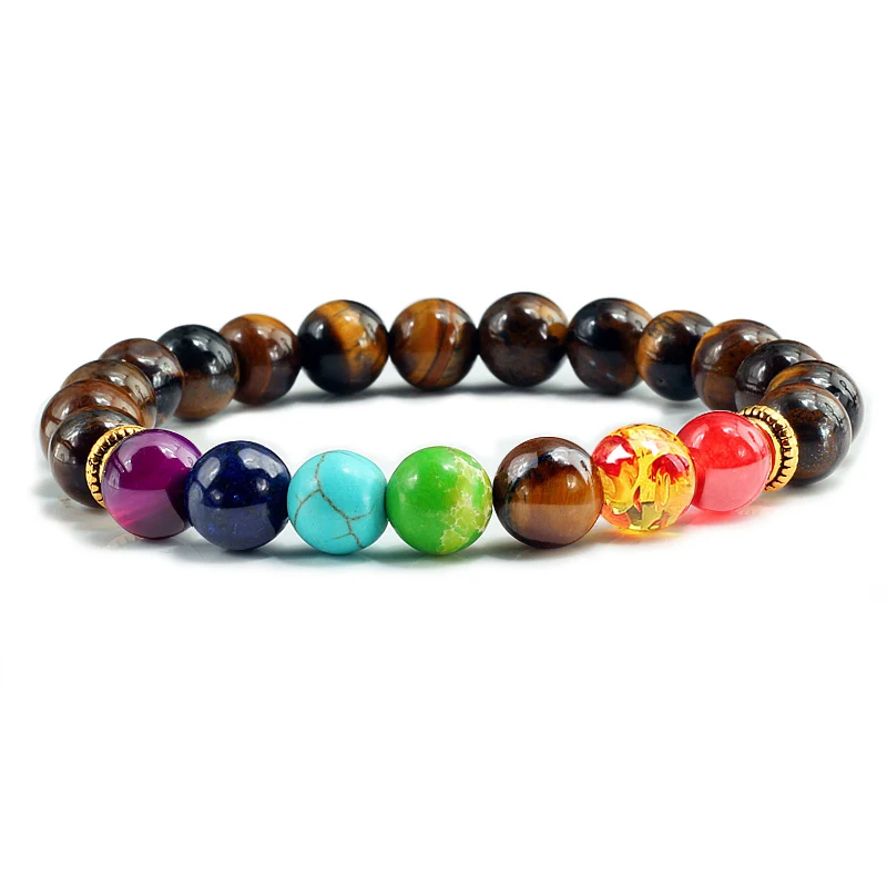 

7 Chakra Natural Stone Tiger Eye Bracelets & Bangles Yoga Balance Beads Buddha Prayer Elastic Bracelet Men Pulseira Masculina