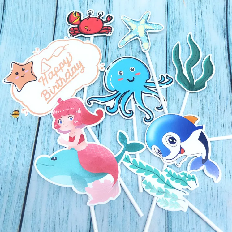 

8pcs Ocean Cupcake Decor Mermaid Dolphin Birthday Cake Topper Under the Sea Happy Birthday Party Decor Kids Girls Favor