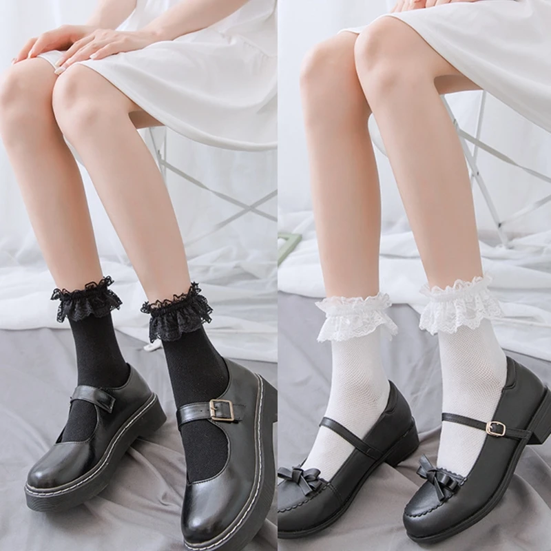 

LXAE Japanese Lolita Style Mesh Short Crew Socks Harajuku Sweet Ruffled Lace Frilly Hollow Retro Cotton Mid Calf Hosiery