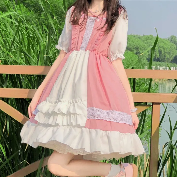 

Мягкое платье для девушек в японском стиле Лолита с бантом розового и черного цвета с короткими рукавами кавайное мини-платье для чайной ве...