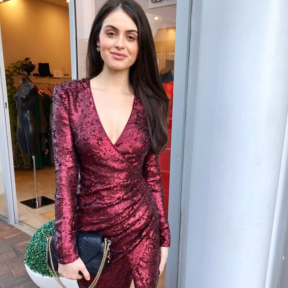 Женское платье с блестками Seamyla вечернее облегающее длинным рукавом и v образным