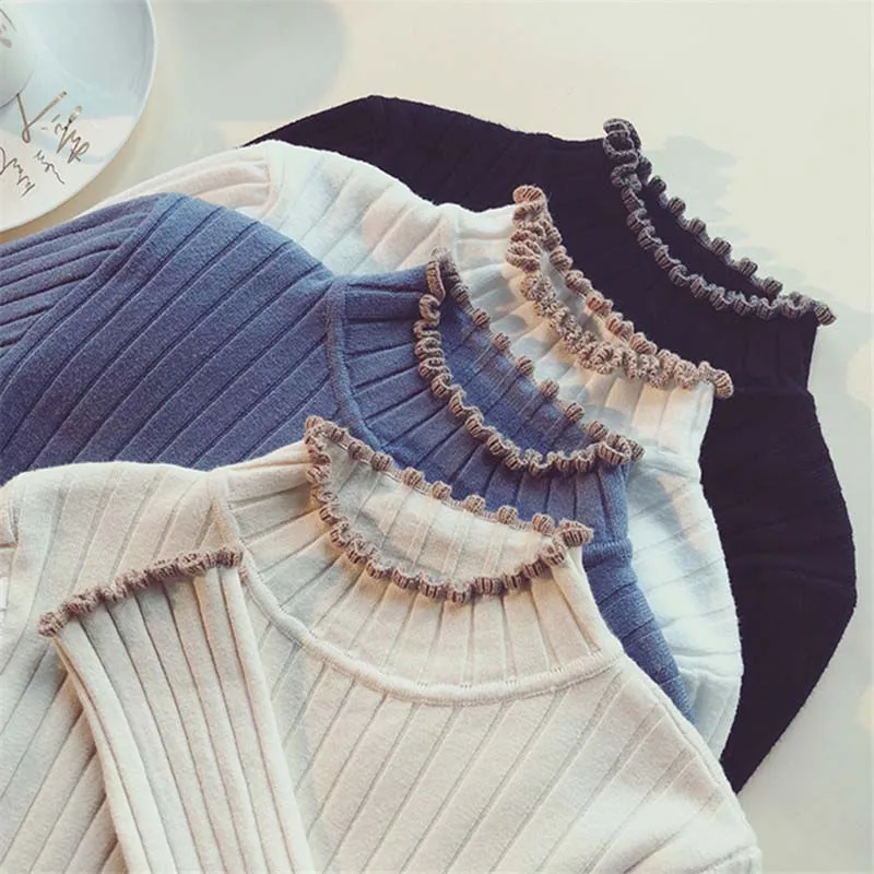 

Women Knitted Pullovers Solid Ruffles Turtleneck Long Sleeve Slim Sweater Women Elegant Autumn Winter Office Basic Knitting Tops