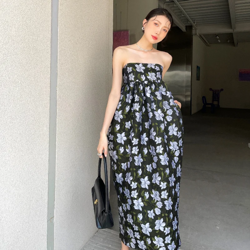 

Kimotimo Vintage Print Strapless Dress Women 2021 Summer Design Slash Neck Long Dress Ins Office Lady Fashion Clothing Vestidos