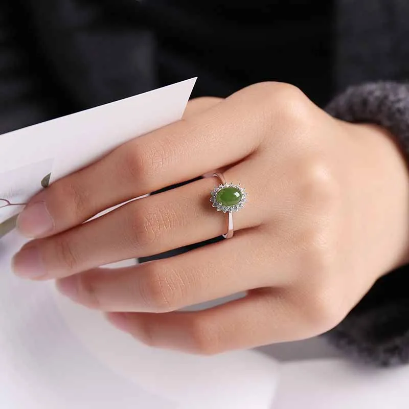 Natural jade and Tianyu women S925 silver-encrusted fashion simple egg face live ring opening | Украшения и аксессуары