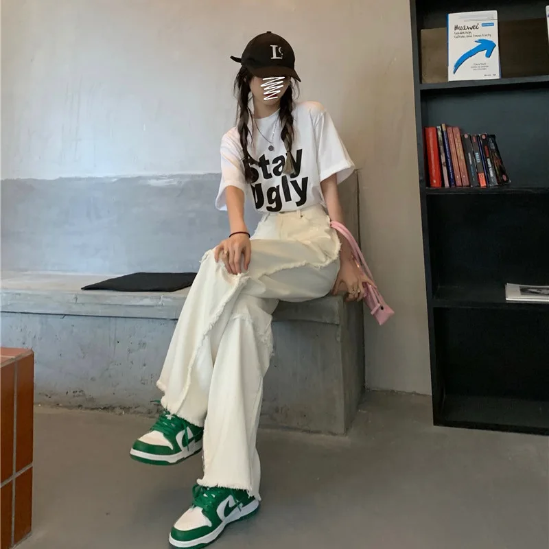 

2021 Summer Women White High Waist Ripped Jeans Loose Straight Patchwork Streetwear Casual Trousers Fashion