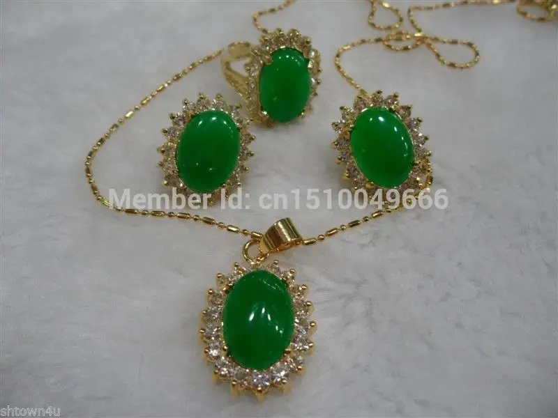 

ER134 Hot sale Fashion jewelry beautiful green STONE necklace pendant earring ring 7-9 # Set