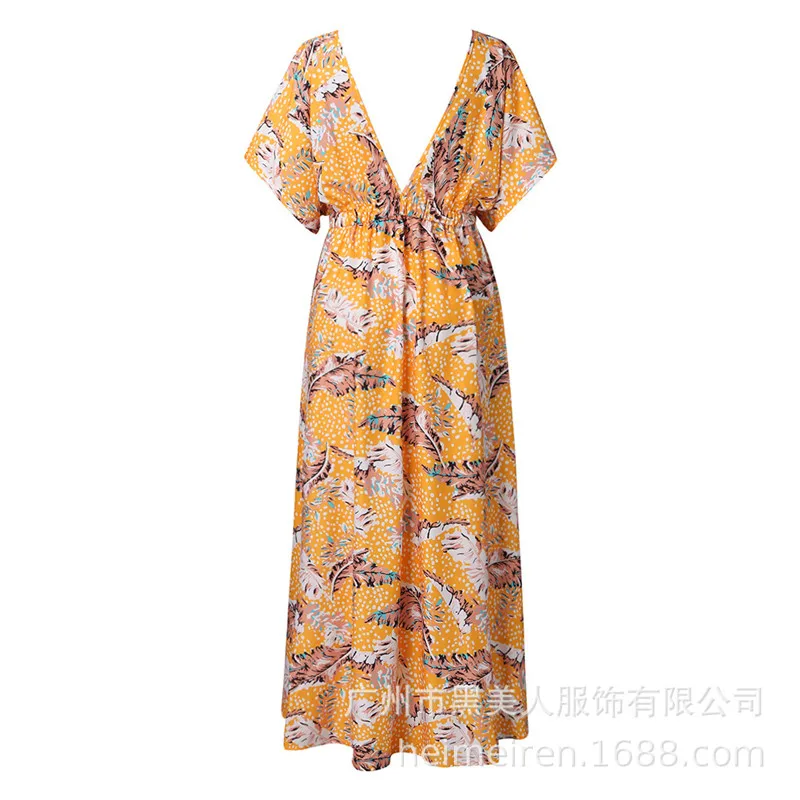 

Vintage Elegant Print Women Maxi Dress Casual Fashion V-neck Butterfly Sleeves Ruffles Dress