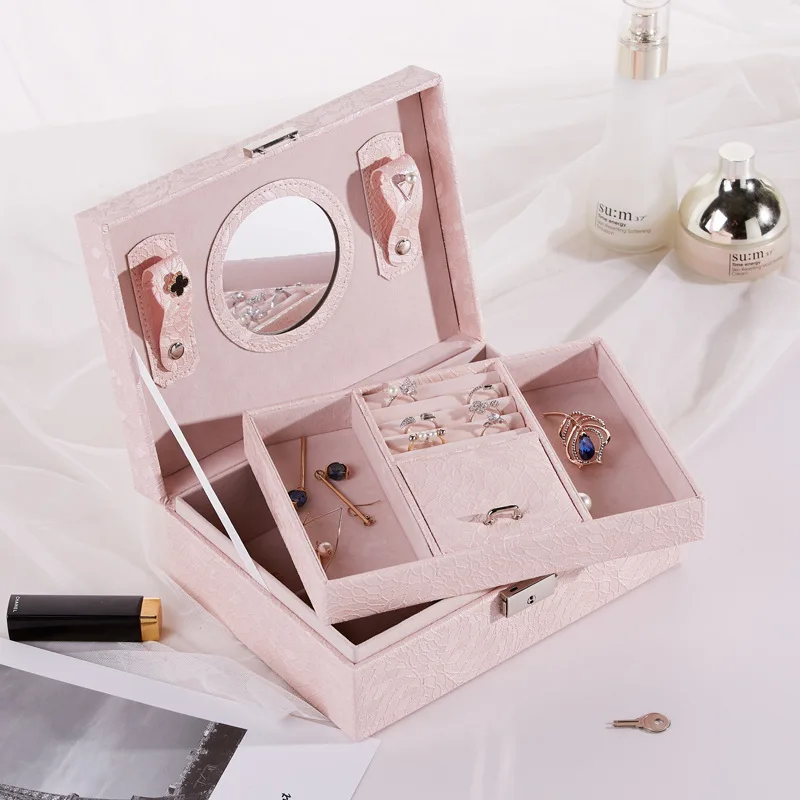 

Шкатулка для хранения ювелирных изделий, двухуровневый бокс большой емкости с замком, для хранения серег, ювелирных изделий