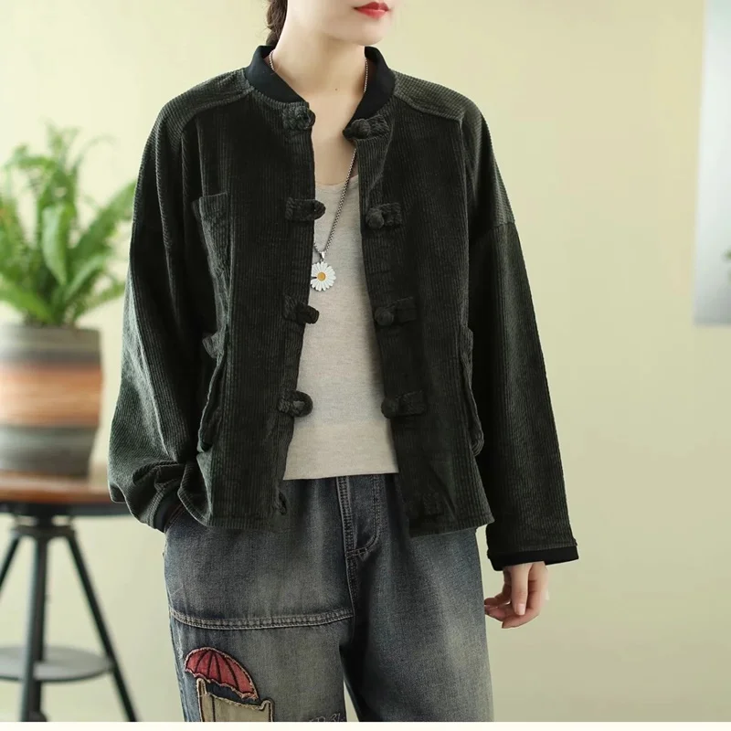

Ladies Chinese Tops 2020 Autumn Corduroy Jacket Traditional Chinese Retro Vintage Shirt Blouse Solid Tang Suit Hanfu FF2916