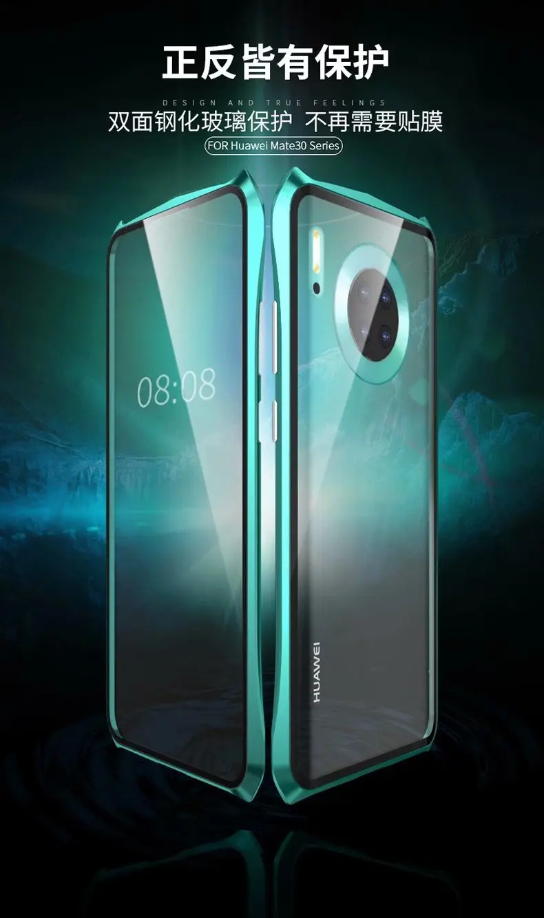 Магнитный чехол для Huawei Mate 30 Pro двухсторонний из закаленного стекла 9H с поворотом