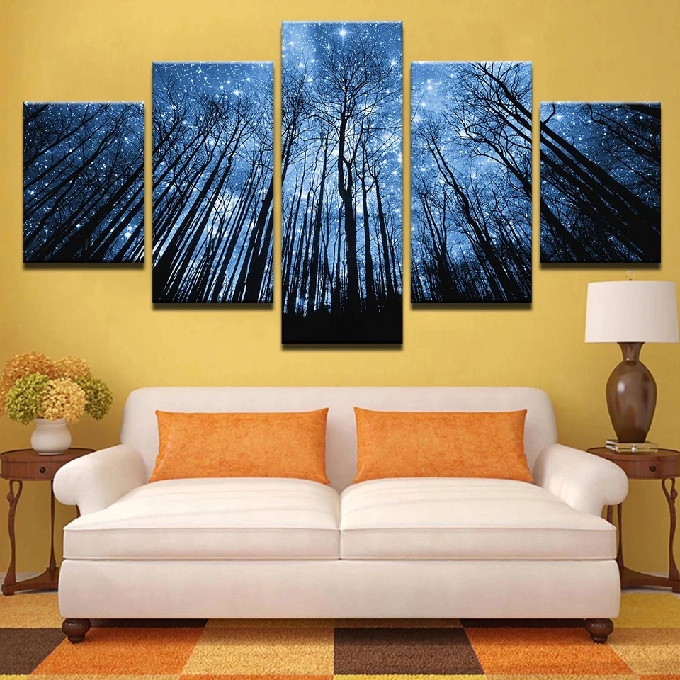 

Modular Pictures Home Decor Wall Art 5 Pcs Forest With Bule Starry Sky Modern Canvas Prints Painting Minimalism Bedroom Poster