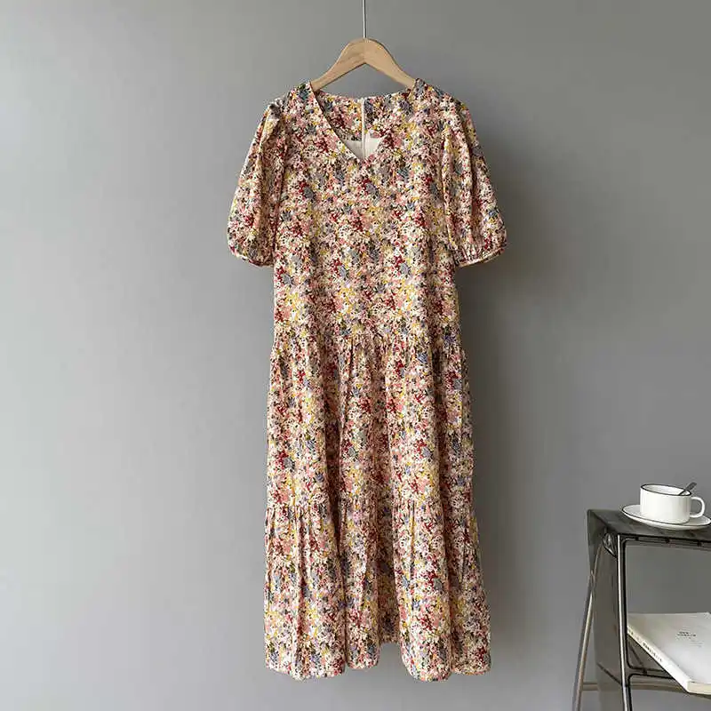 

COZOK Gentle Wind Long Floral Dress Women's 2021 Summer Bubble Sleeve Loose V-neck Chiffon Skirt 763