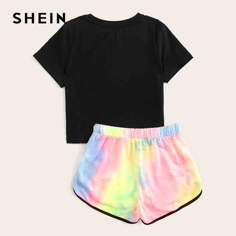 SHEIN Kiddie черная футболка с буквенным принтом и шорты с завязками на талии комплекты для девочек г. Летняя детская одежда с короткими рукавами