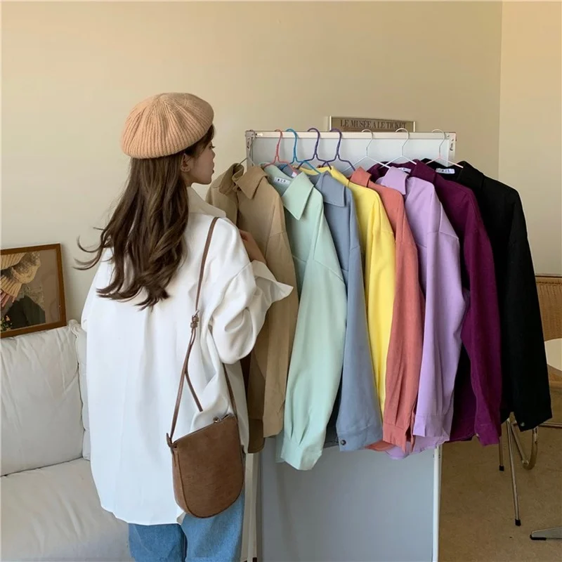 

Solid Color Harajuku Chic Loose Shirts Women Spring Autumn Vintage Lapel Collar Oversized Sanding Casual Blouse Tops for Female