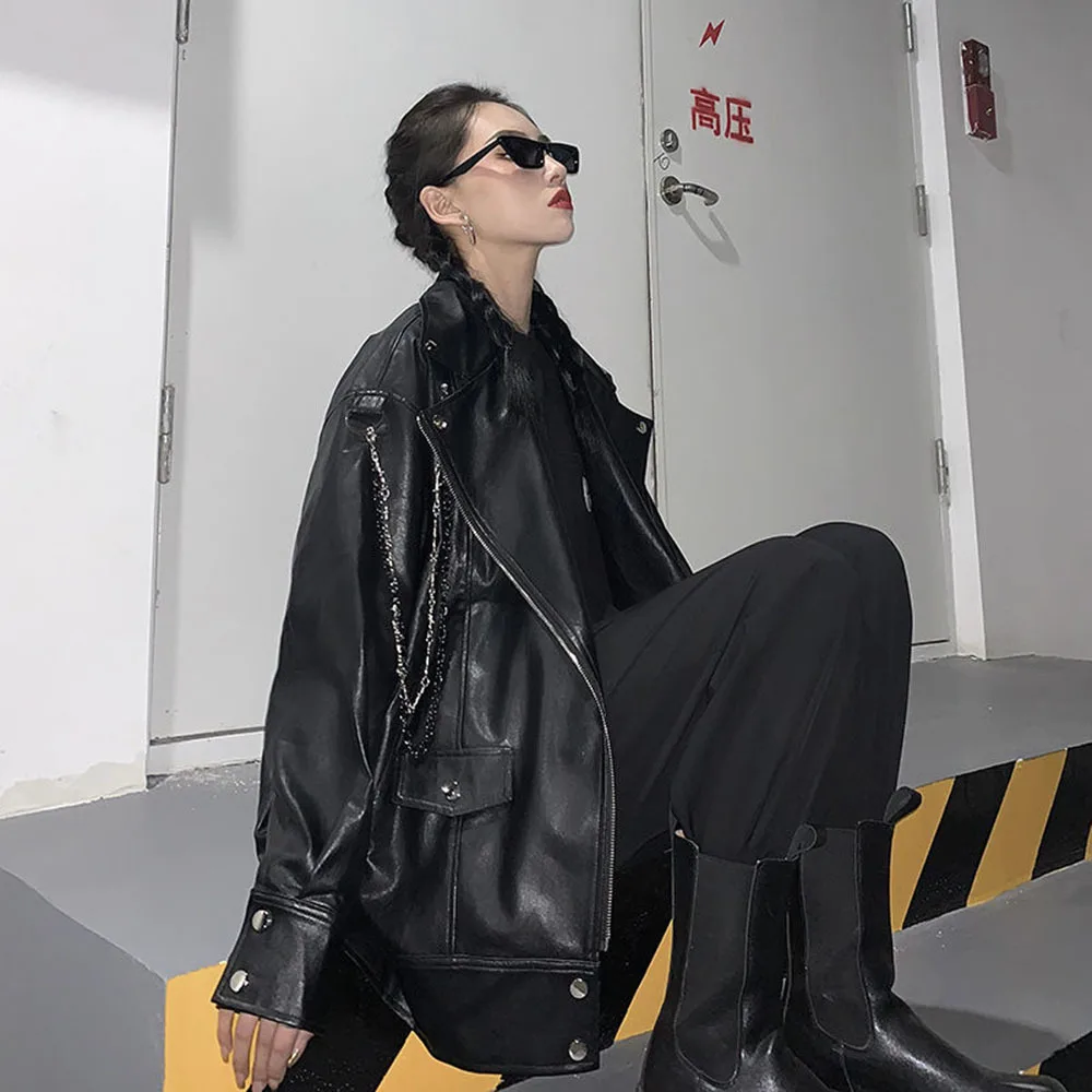 

Women Japanese Harajuku Fashion Loose PU Moto Jacket Chic Streetwear Oversized Coat Korean High Street Black Leather Outerwear