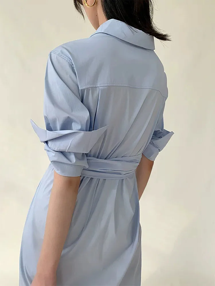

Minimalism Shirt Dress Female Dusty Blue Pockets Sashes Office Lady Elegant Business Leisure Wear Maxi Midi Dresses One Piece